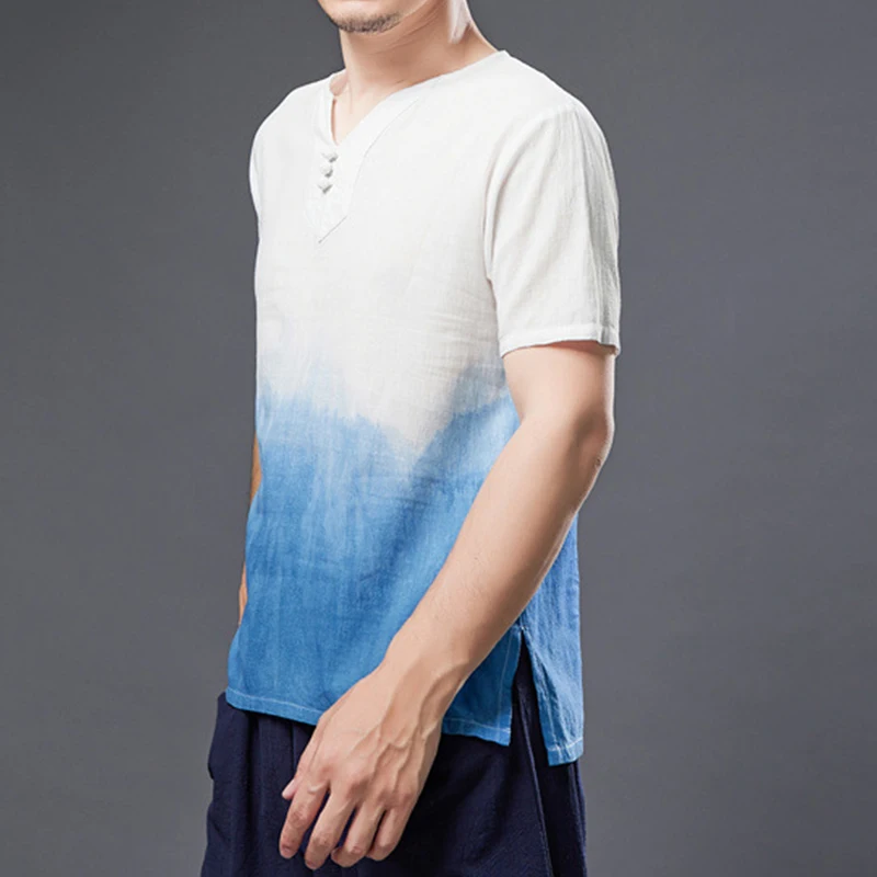 Cotton & Linen Men Tie Dye Gradient Blue Short Sleeve T-Shirts 2023 Summer Tops V-Neck Mens Casual Tee Shirt