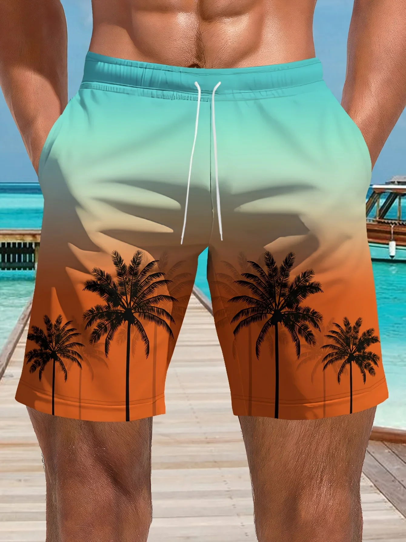 

Men's Hawaiian Swim Trunks 3D Gradient Palm Tree Print Beach Shorts Quick Dry Outdoor Leisure Sports Shorts Fashion Men's Shorts