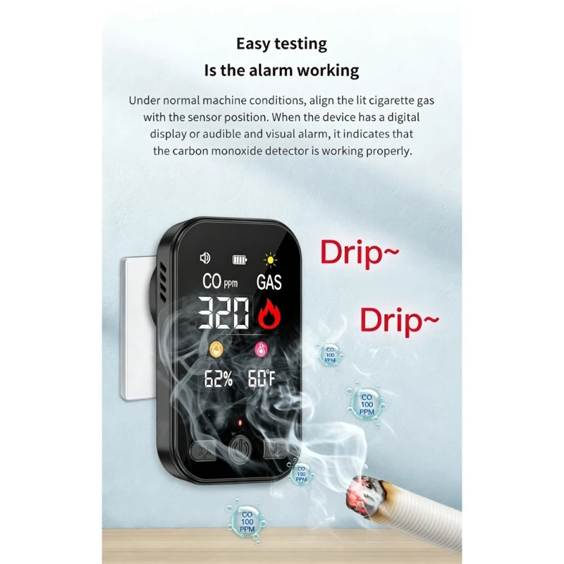 Indoor Reading Unit with Wall Outlet Form, Gas Alarm, Digital Screen View and Warning Symbols for Bedroom Kitchen Office M4YD