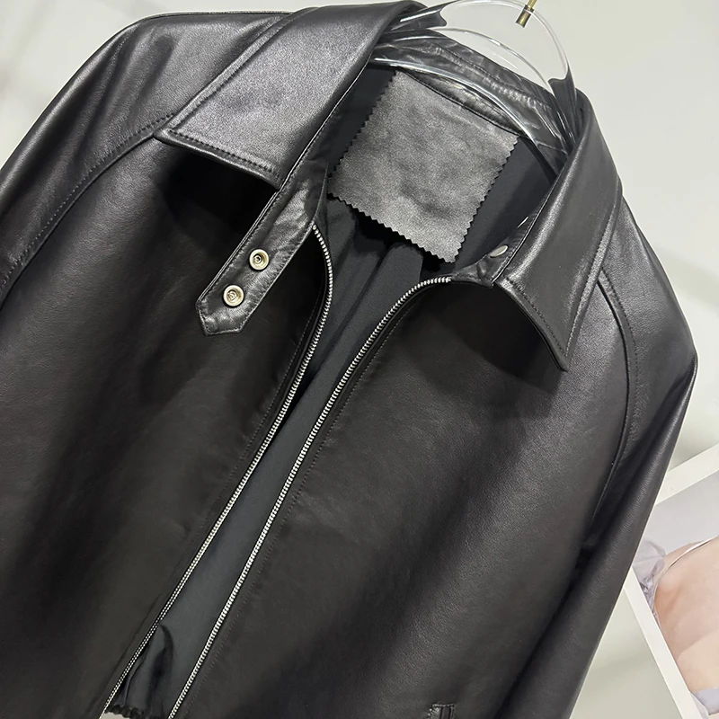 الخريف ملابس حريمي الإناث المستوردة الخضار المدبوغة طبقة علوية جلد الغنم الأسود تنوعا قصيرة معطف جلد نحيف Bomber سترة #3