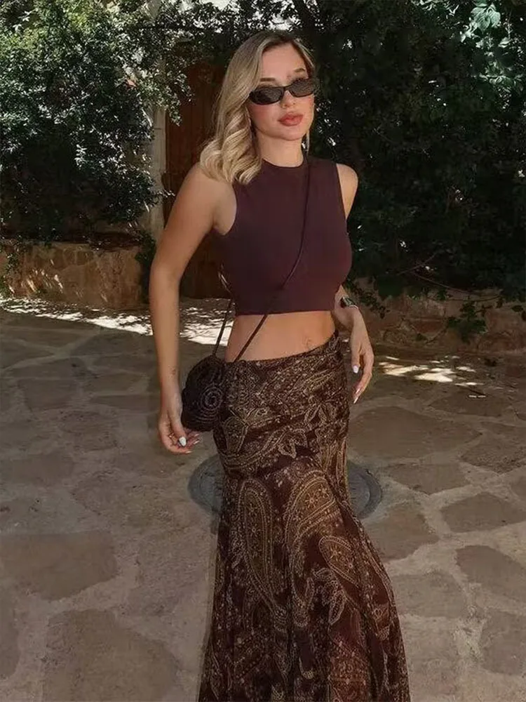 HH Woman Autumn Elegant Slim Street Style Midi Skirts Women Vintage Printed Skirt High Waist Pleated Chic Side Zipper Skirts