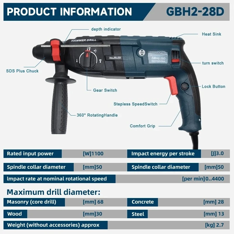 GBH2-28 820W Anti-Vibration Demolition Hammer Corded Electric Concrete Drilling Power Tool