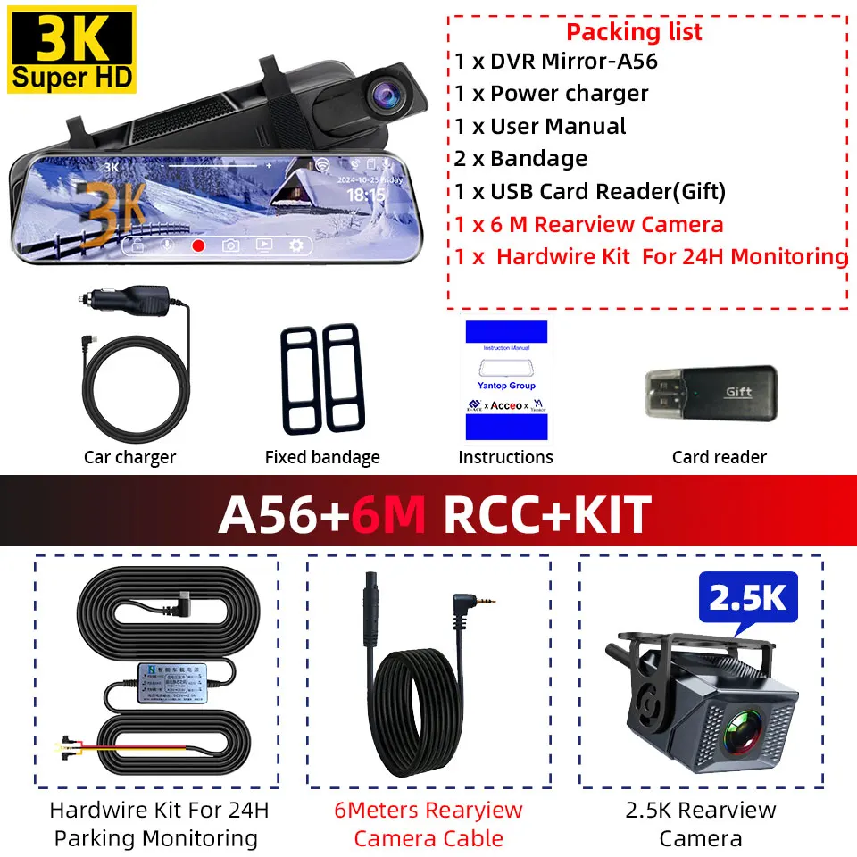 4K Mirror Dash Cam for Cars, Front and Inside Dual Lens WDR Night Vision Motion Detection G-Sensor Support 256GB image 3