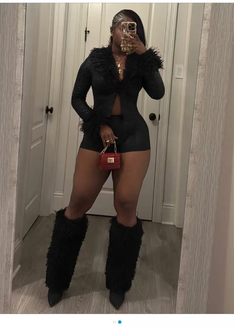 

Women Furry Patchwork Serpentine Pu Leather 2 Piece Set Long Sleeve Open Stitch Jackets Crop Tops + Shorts Fashon Casual Suits