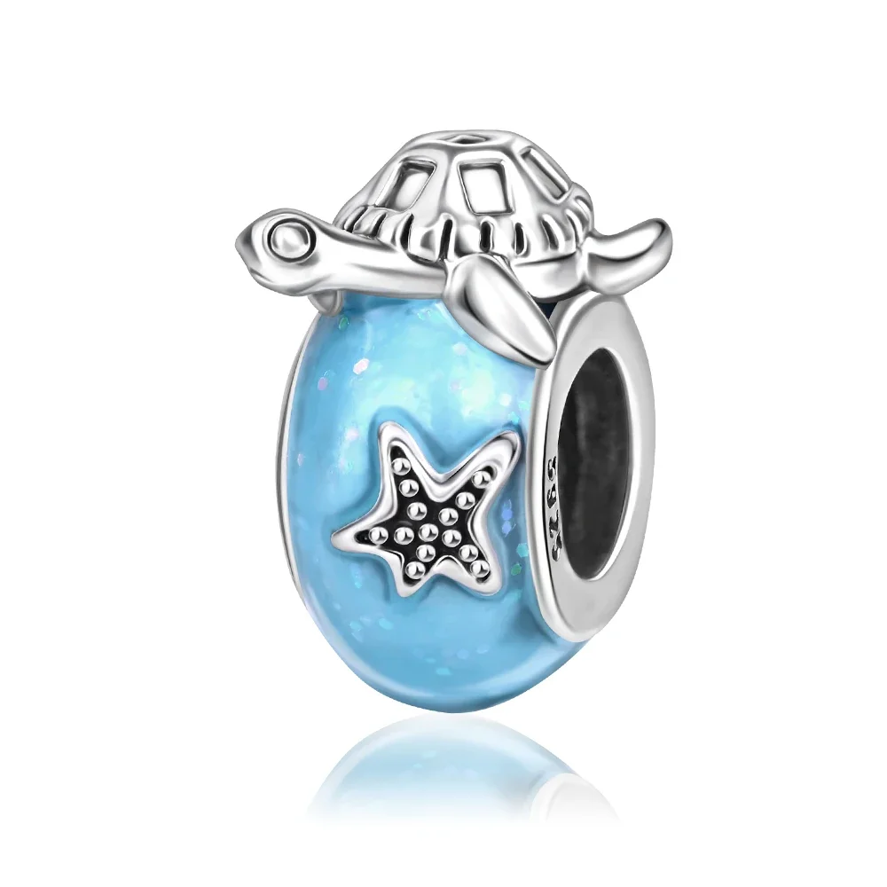 Silver-Plated Blue Flower Turtle Charms for Bracelets