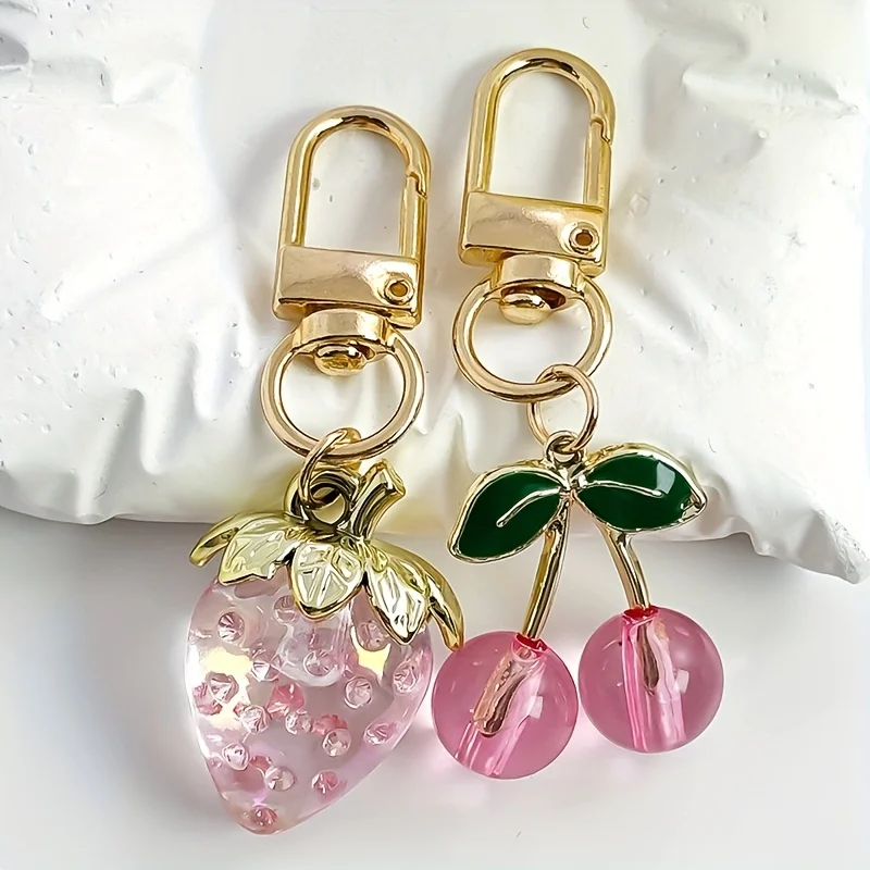 2pcs Transparent Fruit Keychain Strawberry Cherry Bag Charms Metal Clip Pendant Decor Gift for Women Girls Backpack Handbag