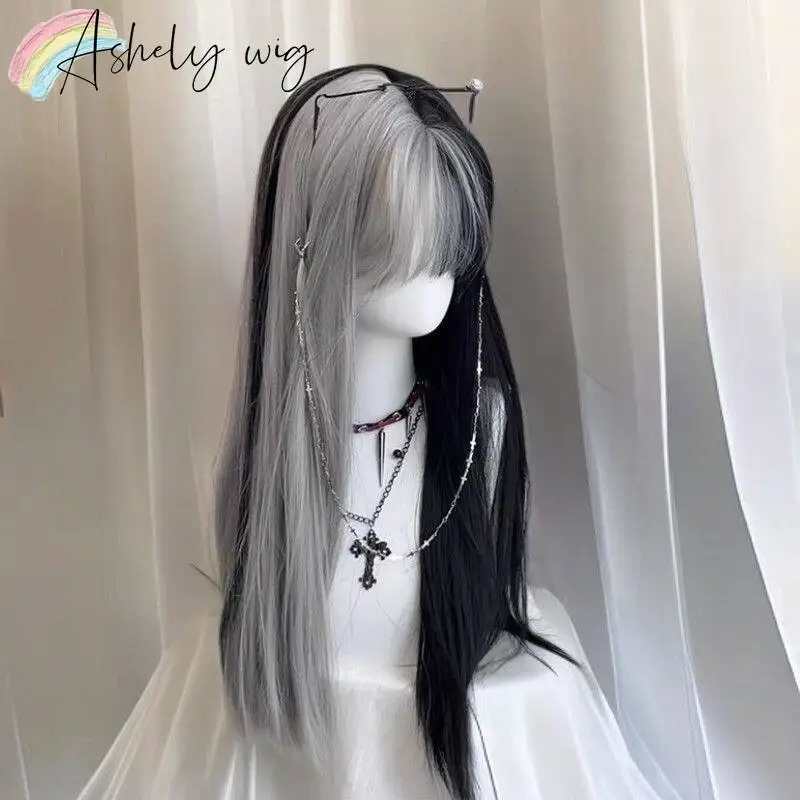 Ashely Half Black Gray Wig with Bangs 26inch Long Straight Wigs Lolita High Temperature Fibers Synthetic Wigs forAll Saints' Day