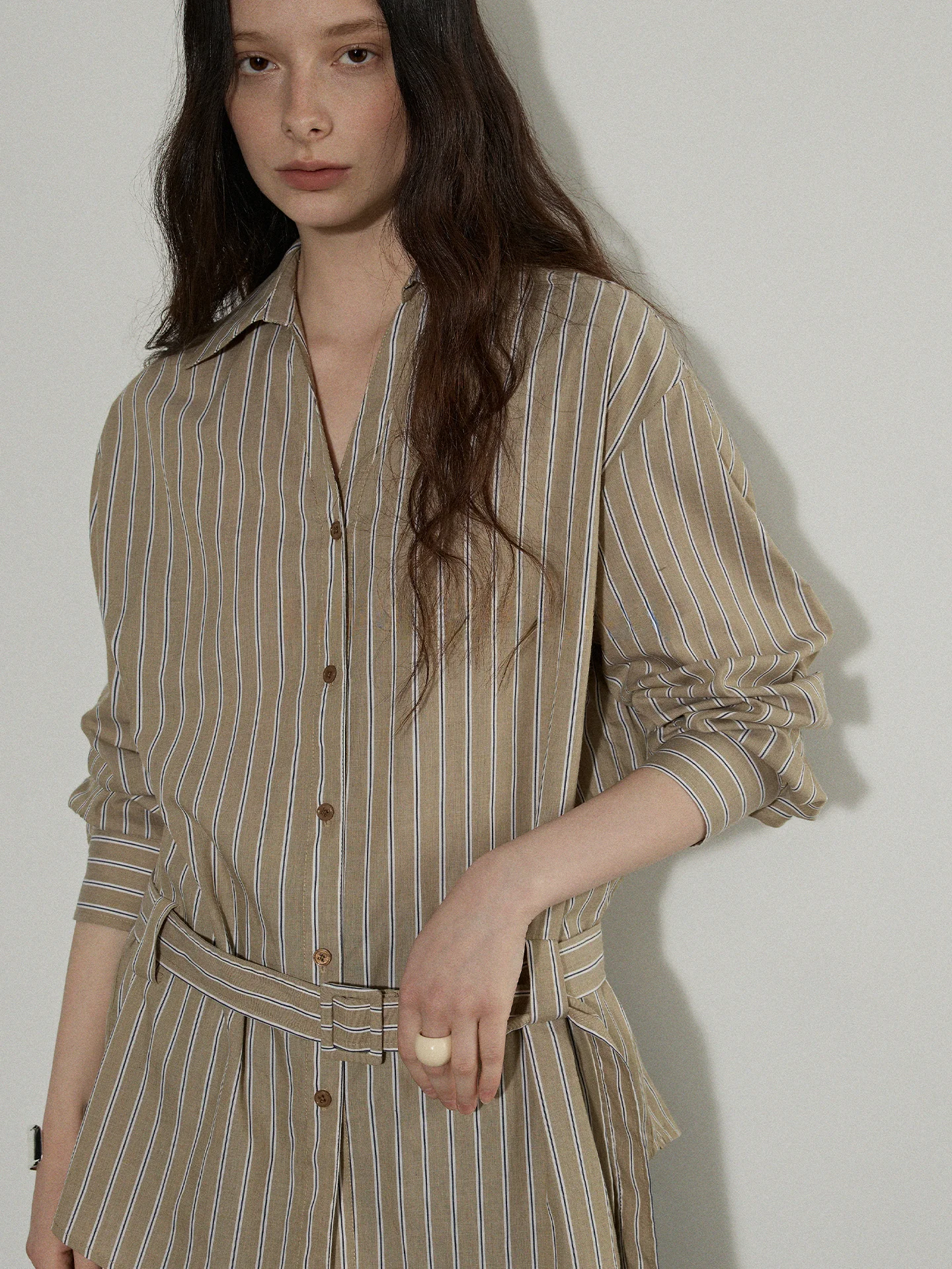 

Lofi Choose Women's Striped Cotton Shirt Loose Fit Long Sleeve Belted Commute Style Spring New Pure Cotton Slimming Effect