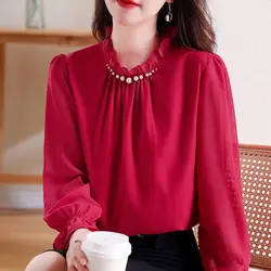 Shirt Korean Style Long Sleeved Shirt Fashionable Style with Black Fungus Edge Western Style Chiffon Shirt for Women