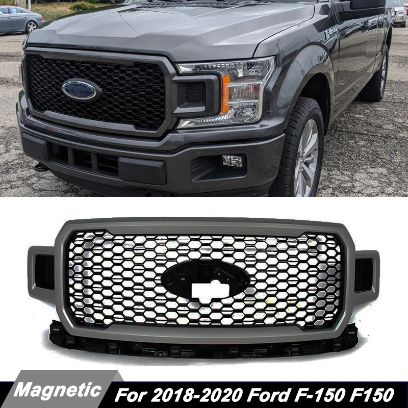 SAIQINGSP for Ford F-150 F150 2018 2019 2020 Front Bumper Grille Racing Grills Upper Bumper Hood Mesh Grid Kit Magnetic Metallic