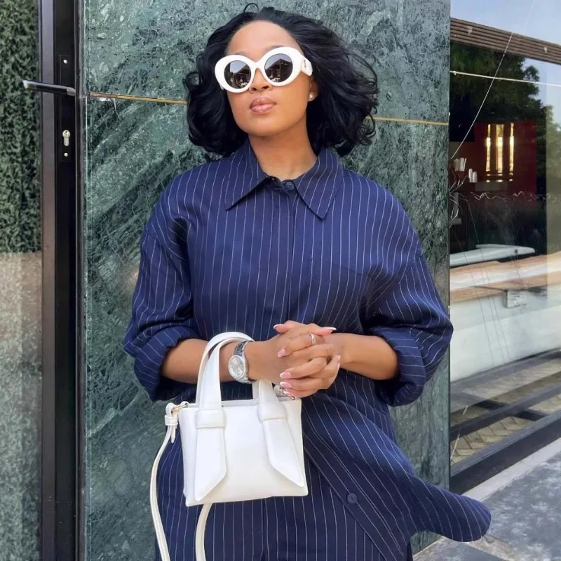 Elegant African Women Striped 2 Piece Outfit Lapel Long Sleeve Button Shirt Wide Leg Pants Set Casual Loose Daily Matching Suit