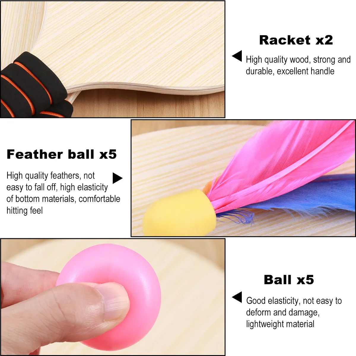 Premium Natural Wood Beach Paddle Ball Game Set for All Ages Lightweight Portable Racket with Anti-Slip Handle for Beach