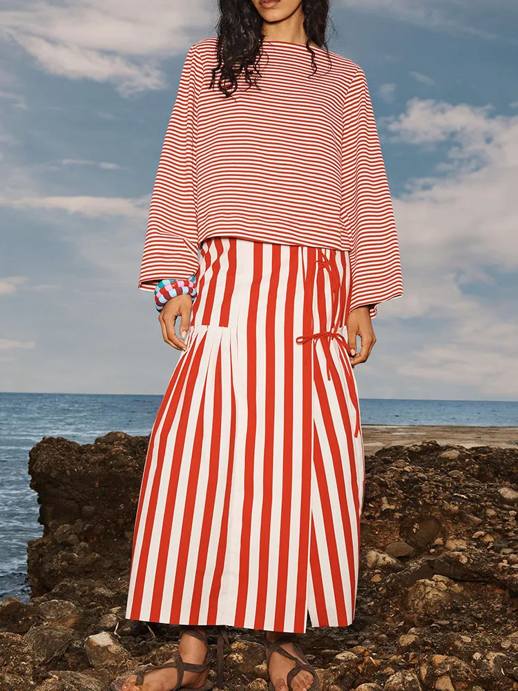

New Summer Women's Faion Slimming Knot Stripe Midi Skirt Versatile Ele Stage Costume Traditional Hanfu Dr