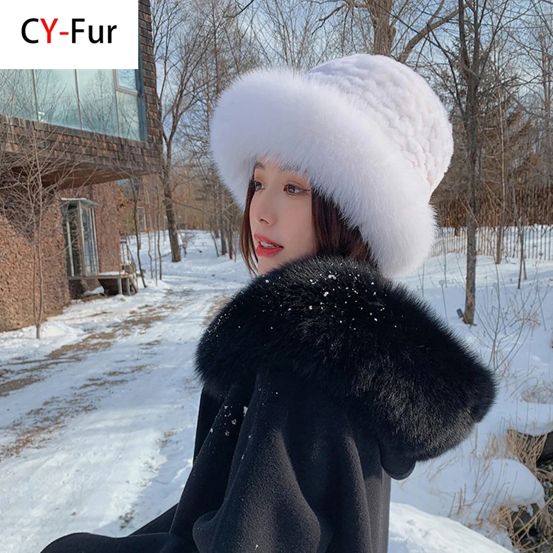 New Style Female Fashion Knitted Fluffy Real Rex Rabbit Fur Hat Women Outdoor Winter Warm Natural Fox Fur Hats Lady Knit Fur Cap