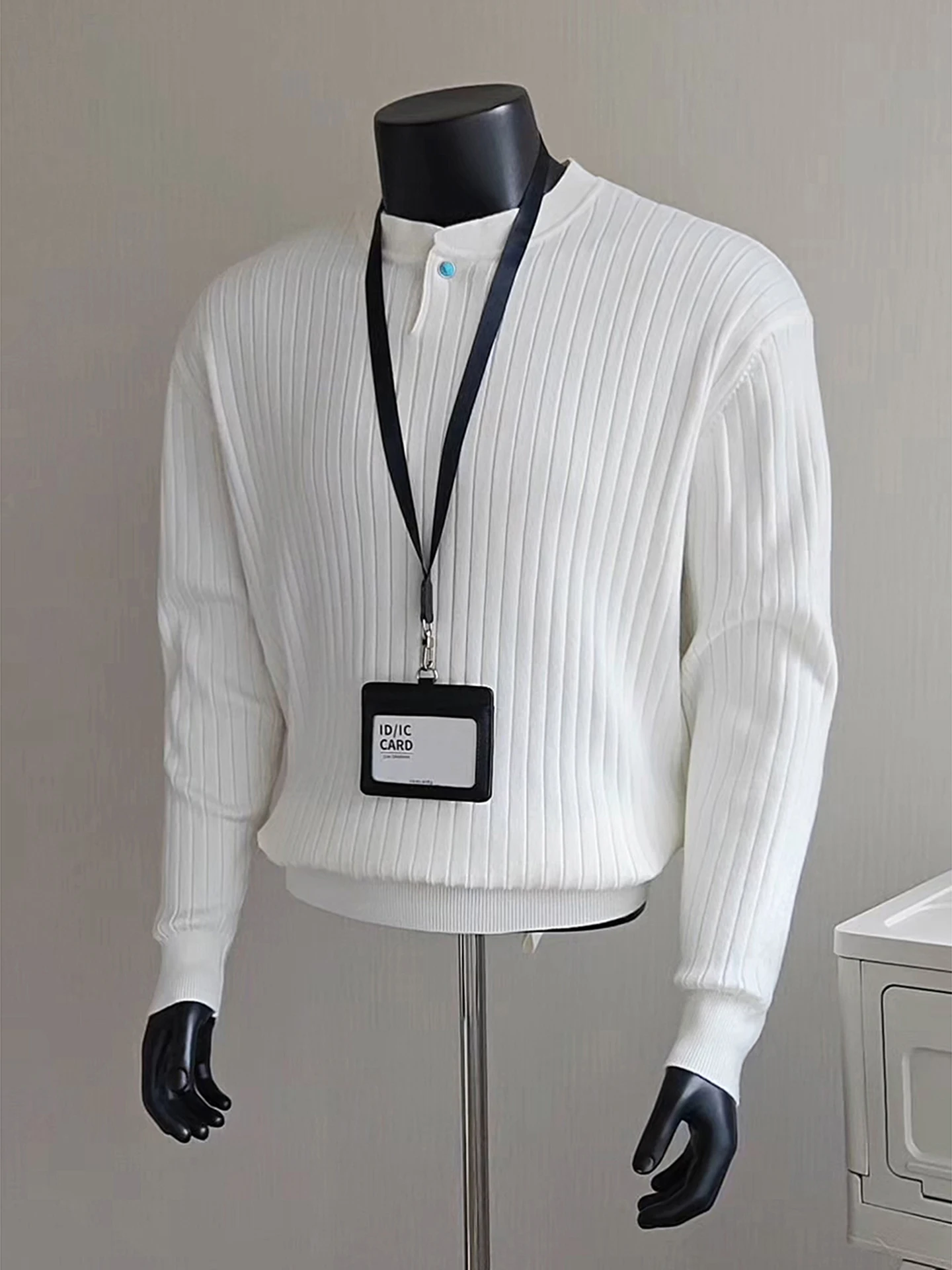 

Turquoise Buttoned Henry Collar Knitwear Men's Slim Fit Base Layer irt Autumn Winter High End Striped White Sweater