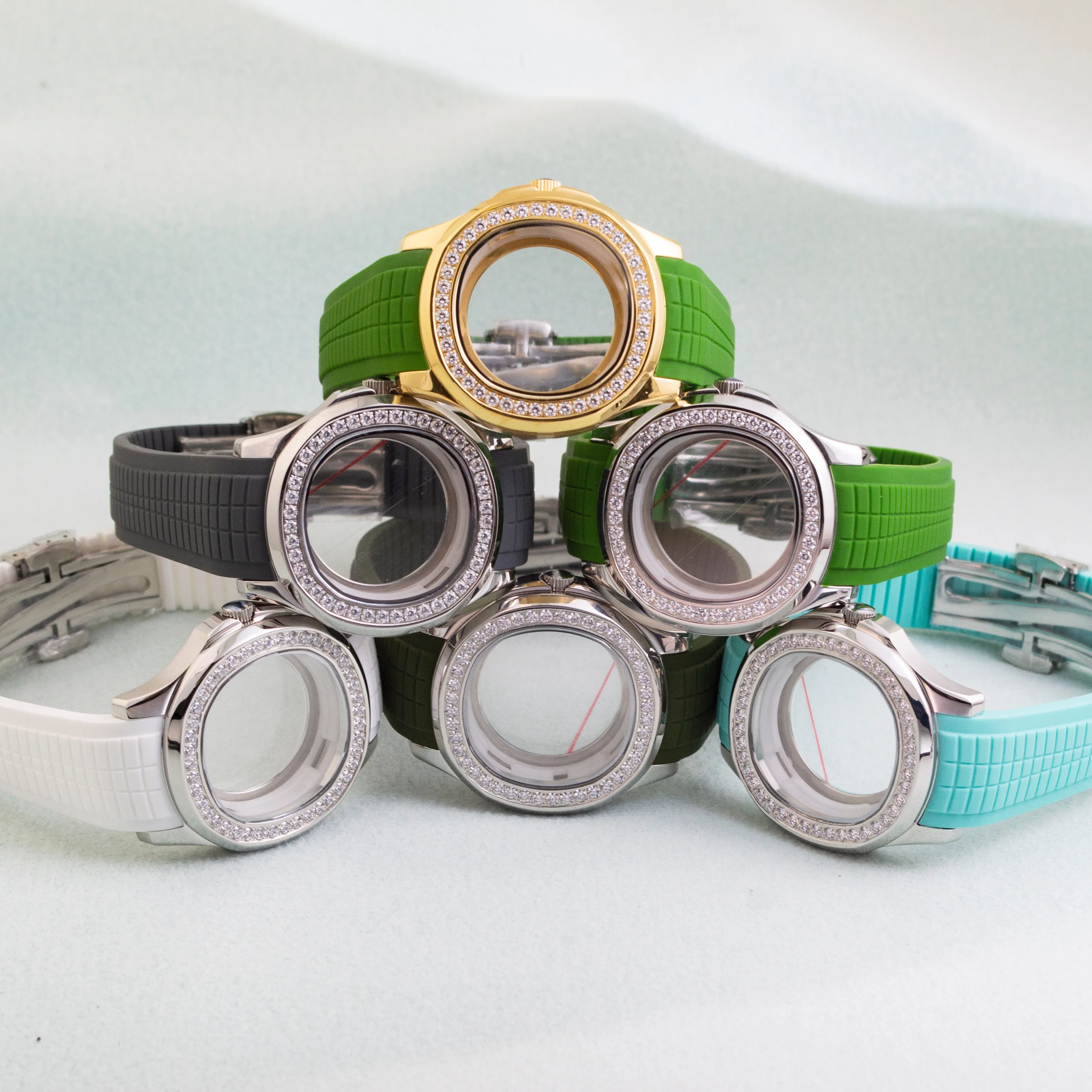 

Sapphire Glass Stainless Steel Watch Case NH35 Case Diamonds Watchcase Rubber Bracelet for Nautilus AQUANAUT NH35 Movement Parts