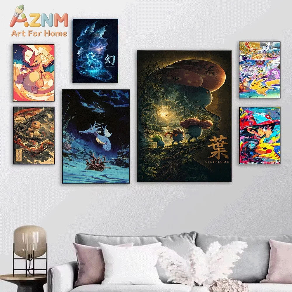 Anime Pokemon Kanto Starter Characters Canvas Wall Art, Colorful Pop‑Art Pocket Monster Frameless Canvas Painting for Kids Bed