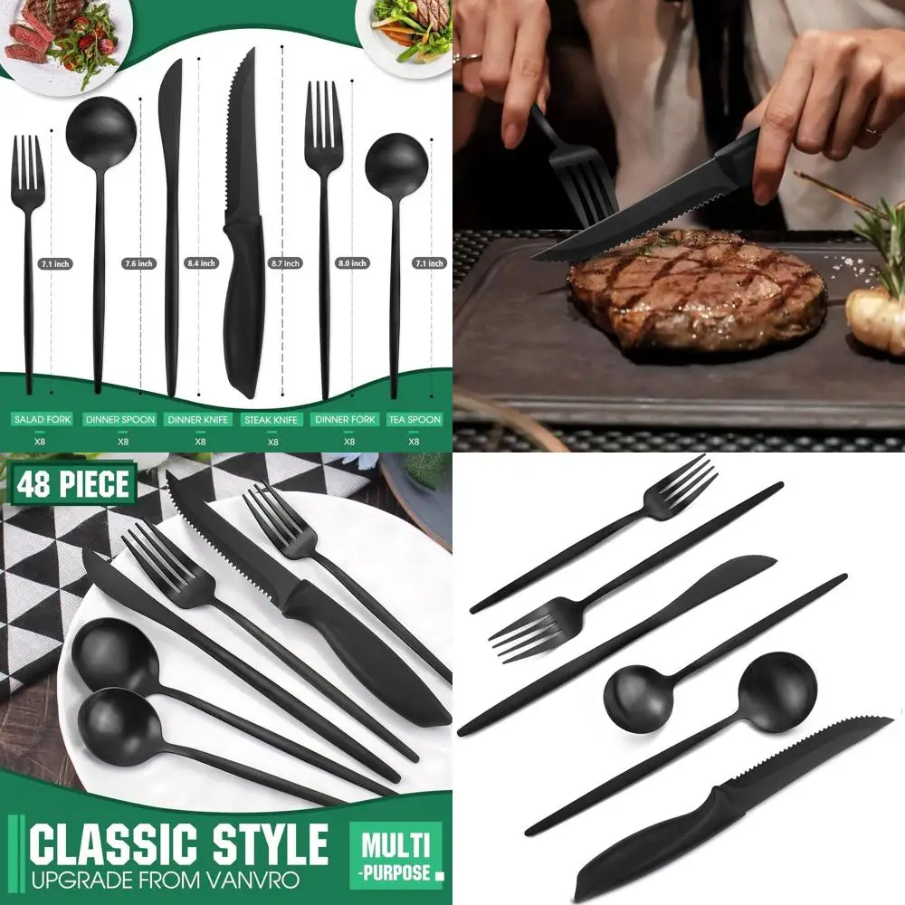 

8-Person Matte Black Silverware Set with Steak Knives, Satin Finish Cutlery for Home and Restaurant Service