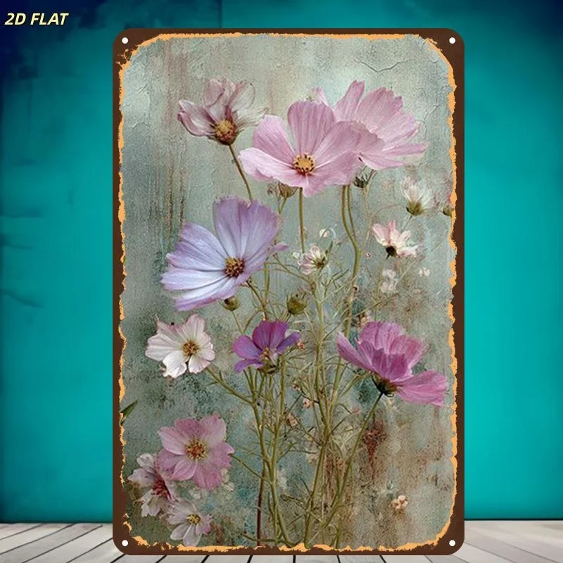 2D Flat One Piece 8x12 Inch Metal Sign featuring Vintage Pink and Purple Cosmos Floral Art for Farmhouse Living Room Wall Decor
