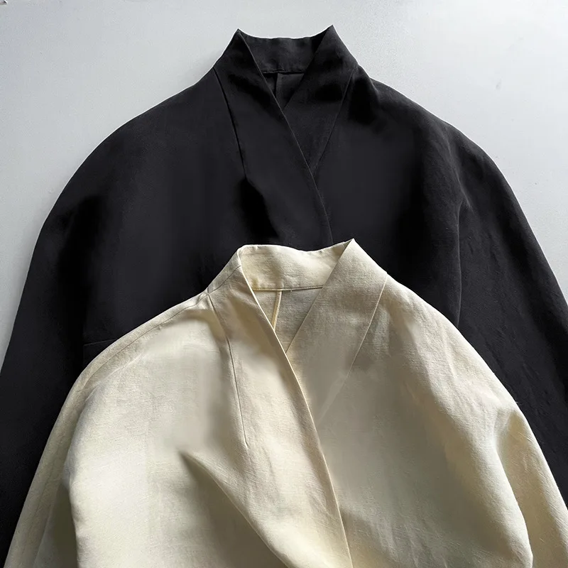 2025 Early Autumn Niche Design V-Neck Silk And Linen Tie-Up Long-Sleeved Top