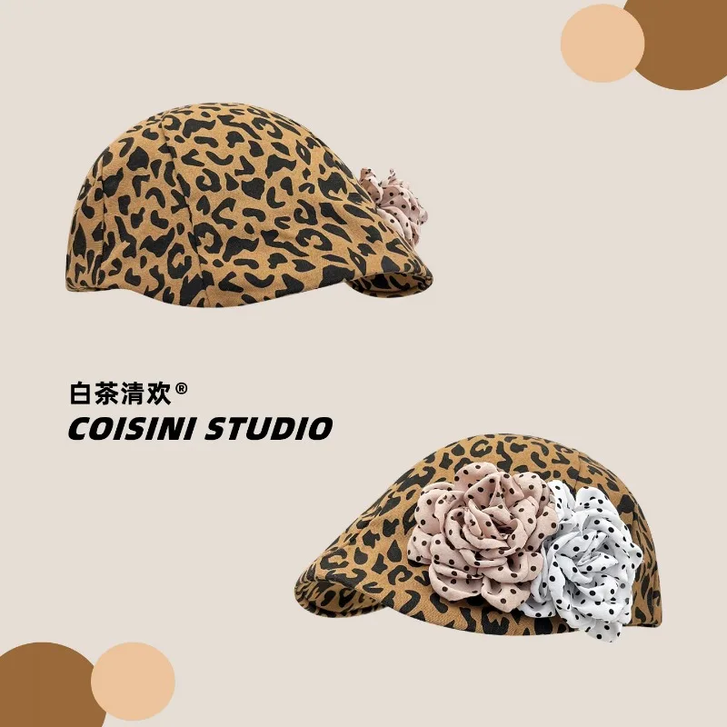 Y2K Fashion Spice Girl Leopard Flower Decorative Berets for Women Spring and Summer Street Trend Versatile Retro Painter Hats