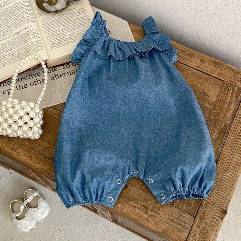 0-2T Newborn Romper Summer New Girl\'s Little Flying Sleeves Denim Creeper Casual Blue Versatile Girl\'s Sling Jumpsuit