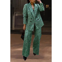 Plus Size Formal Women's Pant Set Green Print Lapel Blazer Suit Two Piece Pant Set Business Clothing