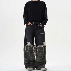 American High Street Retro Camouflage Stitching Baggy Ripped Jeans Men 2025 Summer New Fashion Washed Straight Y2k Trousers Men