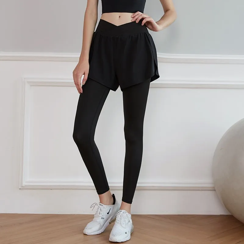 Womens RunningLegging Training Jogging Pants Workout High Waist Slim Leggings Gym Fitness Yoga 2 in 1 Fake Two Shorts + Legging