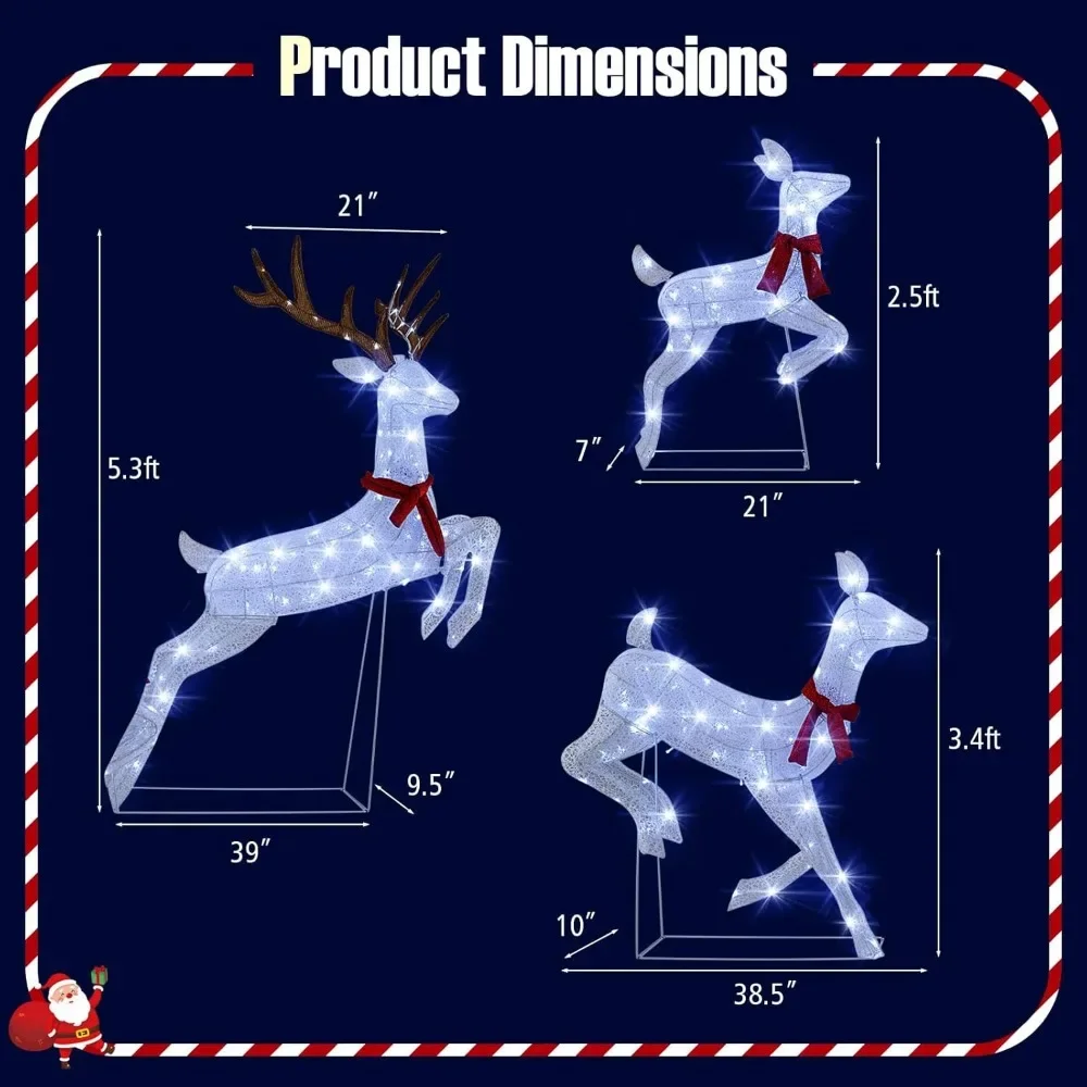 Christmas Lighted Reindeer Family Set, Xmas Pre-Lit Reindeer with 255 Cold White LED Lights, Ground Stakes & Zip Ties