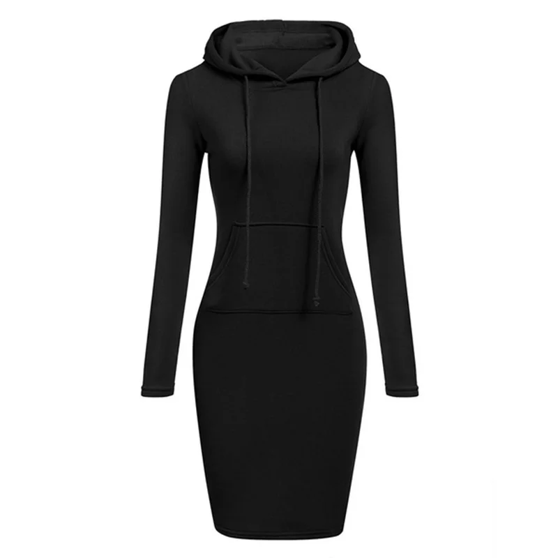 

Spring Autumn Sweatshirt Long-Sleeved Dress Woman Clothing Hooded Collar Pocket Simple Casual Lady Dress Sweatshirt