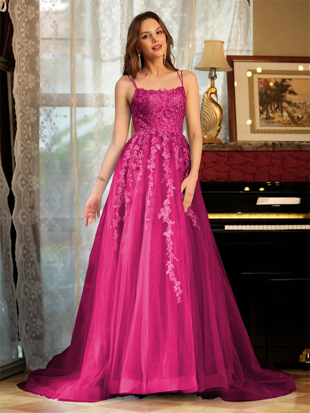 

Lace Appliques Tulle Spaghetti Strap Strapless Prom Dress Sleeveless Floor-length Backless Lace-up Formal Party Ball Gowns