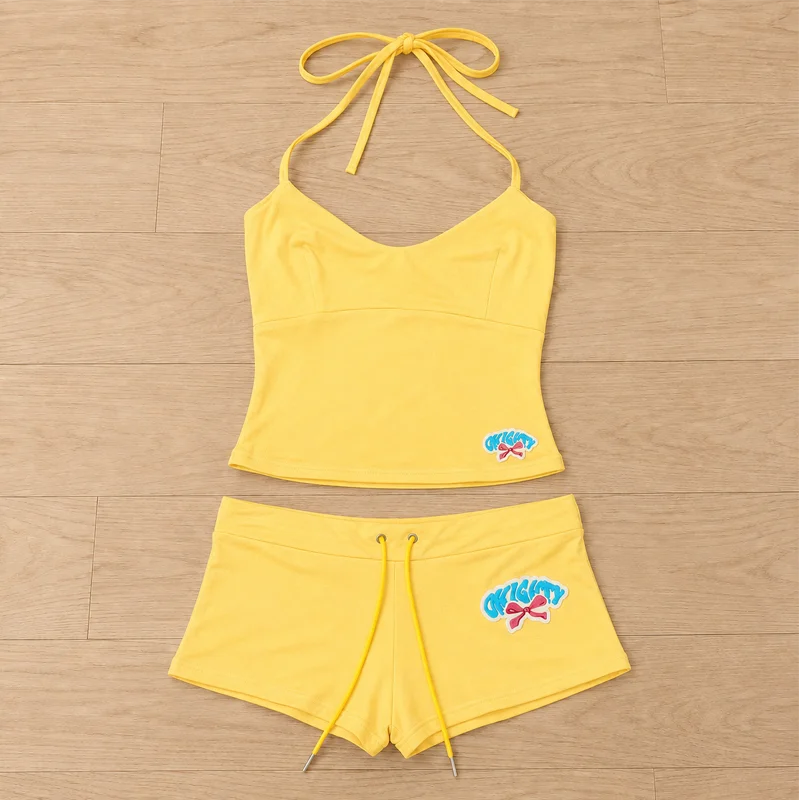 Damen 2-teiliges kurzes Set, Cami-Top, Shorts-Outfit, gerafftes Spaghetti-Träger-Crop-Top, lässiges Sommer-Matching-Set im Y2K-Stil – Detail 4