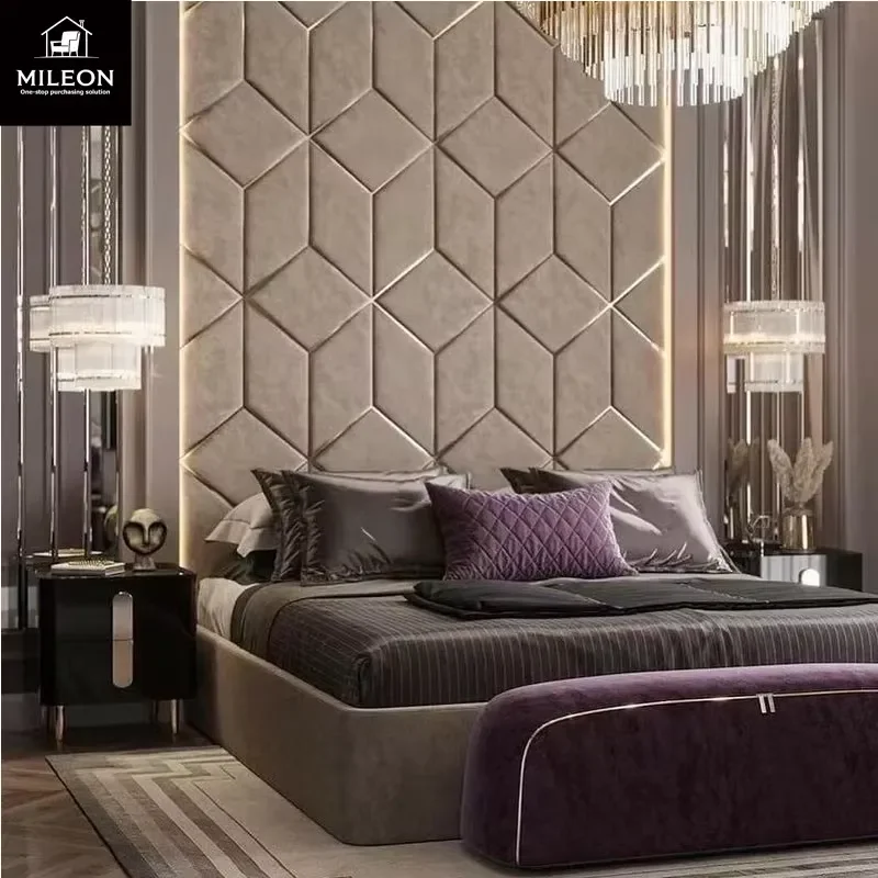 King Size Bed Modern Wide Headboard Luxury Upholstered Fabric Bedroom Furniture Villa Design Bedroom Set Home Decor