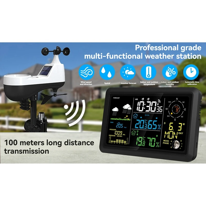 M11K7.5In VA LCD Screen Weather Station With Outdoor Sensor Indoor Outdoor Thermometer Wind Speed And Direction Moon Phase