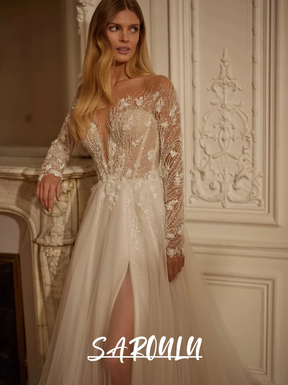 

Ethereal A Line Pearls Sparkling Wedding Dress Romantic Long Sleeved Corset Sexy Side Slit Bridal Gown Customized For Bride