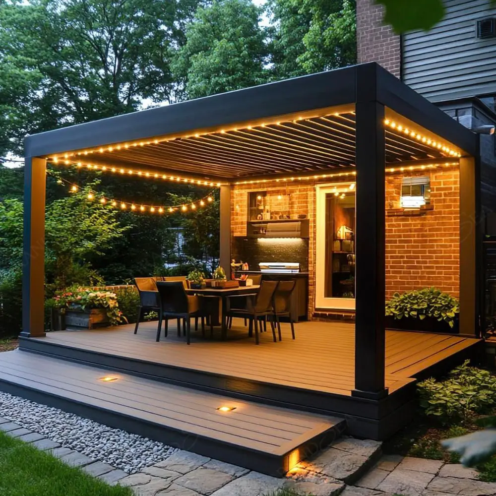 Family Backyard Aluminum Alloy Heavy Duty Pavilion with LED Lights Outdoor Entertainment Gazebo Rainproof Durable Pergola