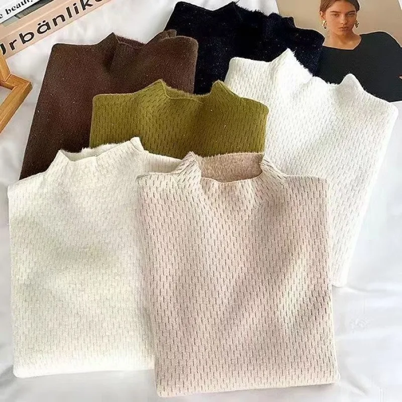 البلوزات مبطنة بالصوف طويلة الأكمام محبوك سترة المرأة البلوفرات الجديدة وهمية الرقبة متماسكة سترة البلوز النساء بلايز تريكو Q2051 #6