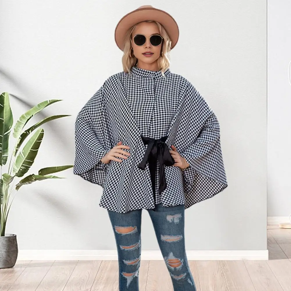 

Women Black White Coat Houndstooth Lace-up Cape Stylish Women's Winter Poncho Women Spring Coat