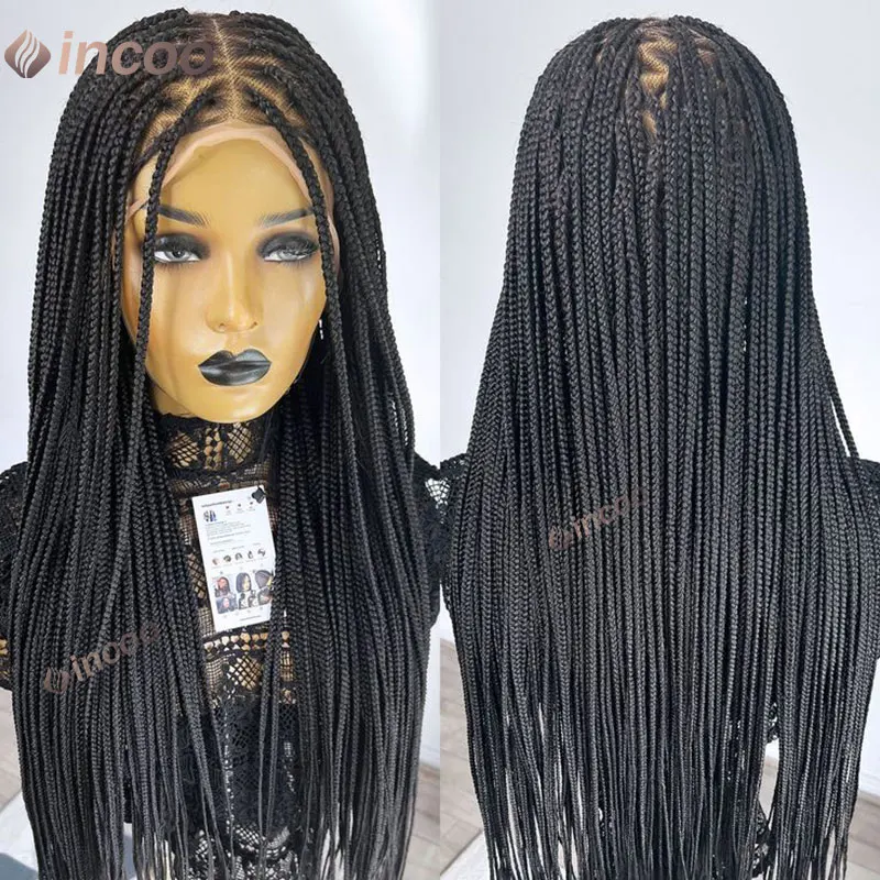 Incoo Box-Knotless peruca trançada sintética, perucas cheias do laço, laço transparente, deusa Locs, tranças Cornrow, peruca dianteira do laço, 36"