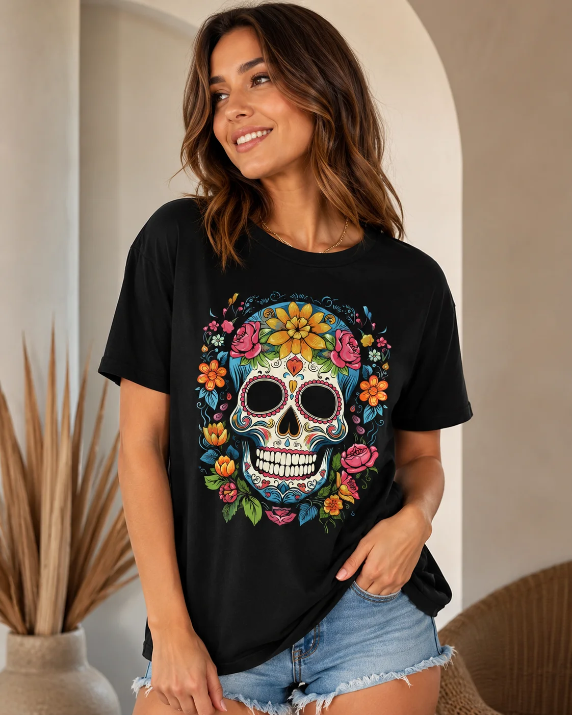 Day of The Dead Skull Printed T-shirt Comfortable Casual Round Neck Short Sleeve Top - Perfect Choice for Spring and Summer