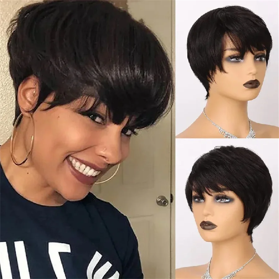 6inch natural black color short straight pixie human hair wigs for women machine made remy hair wig150% density daily party use