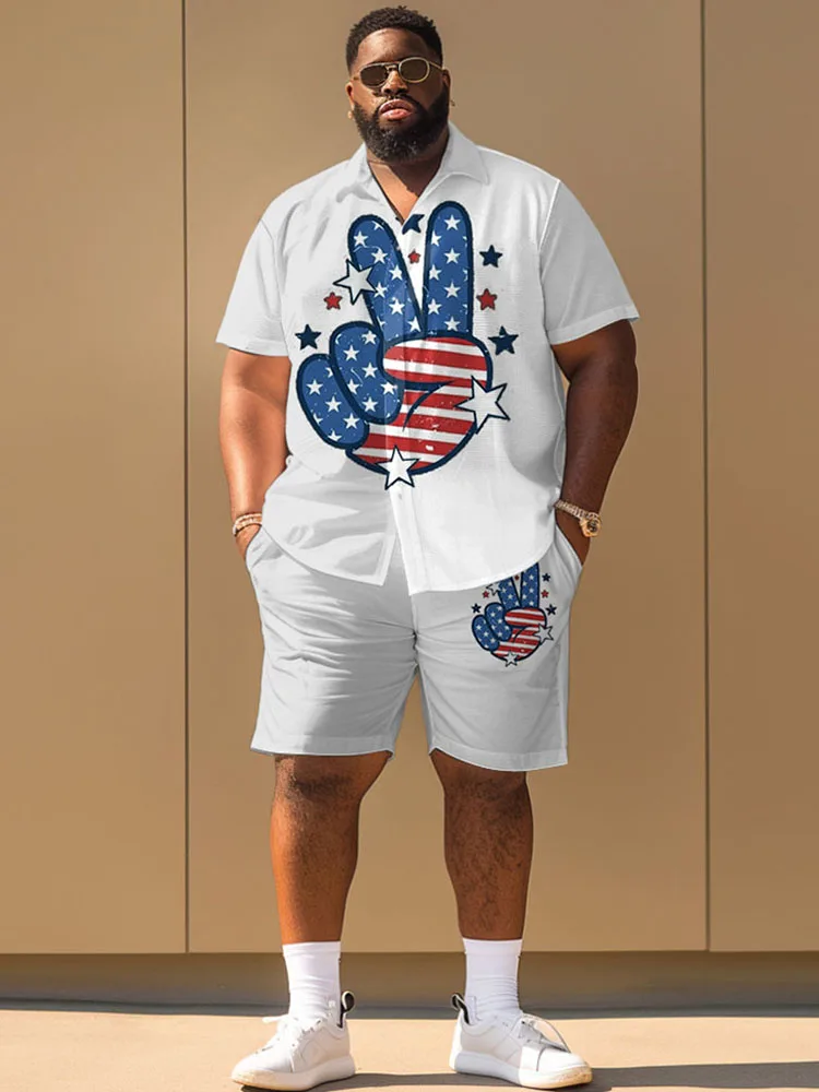 L-9XL kurz ärmel ige Hemd Shorts Set plus Größe Männer Unabhängigkeit Tag Flagge Geste Streifen personal isierten Druck zweiteiligen Set Zooy