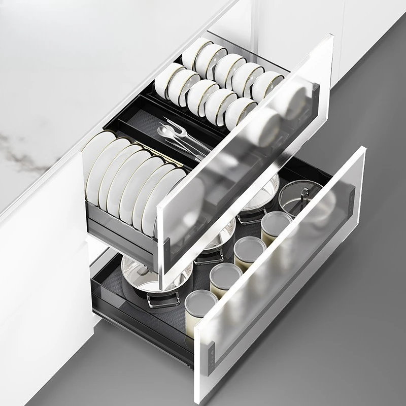Basket Kitchen Cabinet Drawer Type Double Layer Dishes and Pots Basket Built-in Bowl Rack Seasoning Storage Dish Basket