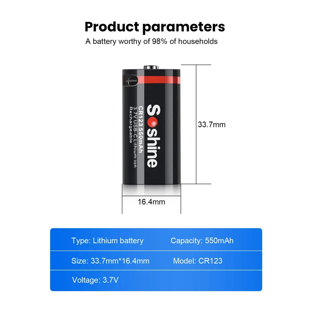 Soshine CR123 USB Lithium Batteries 550mah 3.7V 16340 16350 Rechargeable Battery RCR123 CR123A 550mah Battery with USB Cable