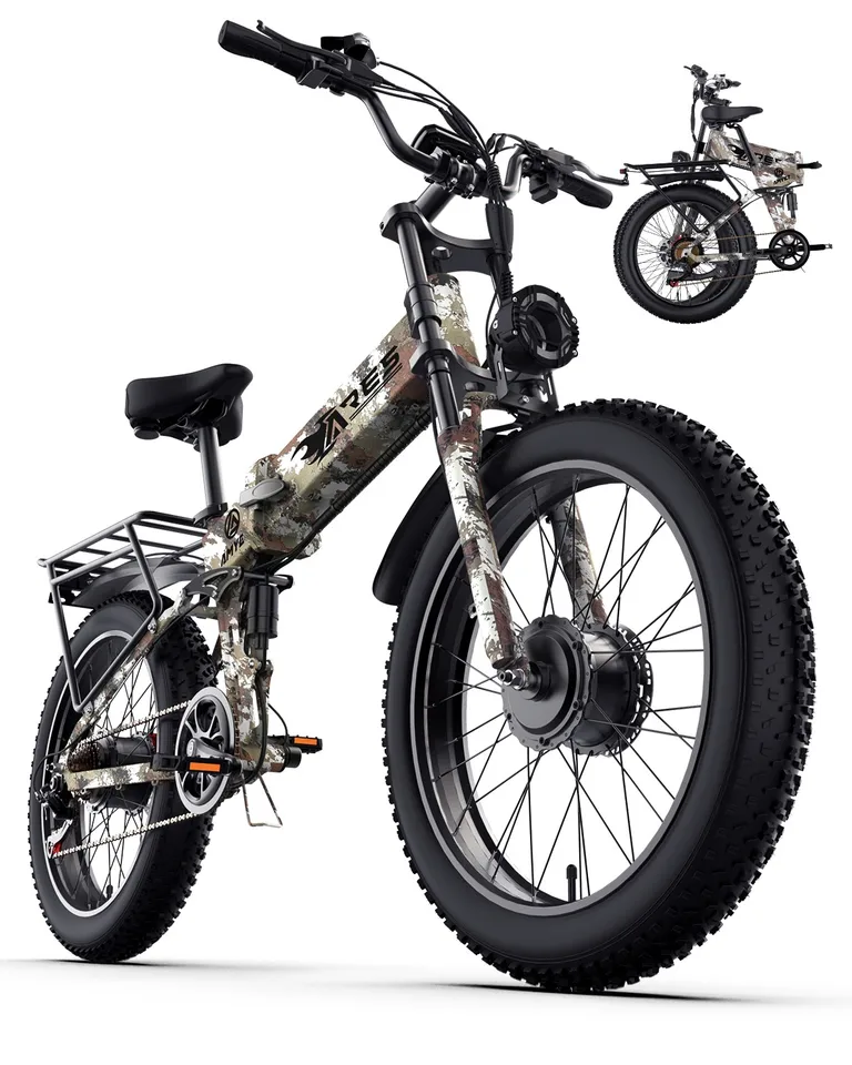 Electric Bike 2000W 52V 25AH AWD Dual Motor 24" Fat Tire Folding Camping