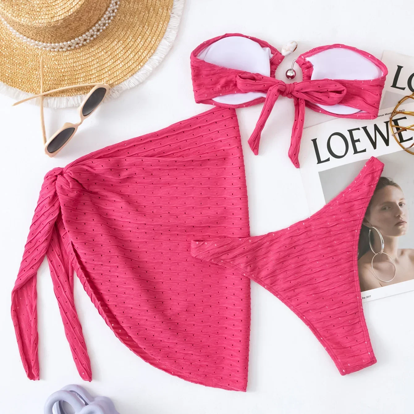 Conjunto de Bikini de tres piezas con falda para mujer, traje de baño Sexy, traje de baño unicolor con realce, ropa de playa 2024