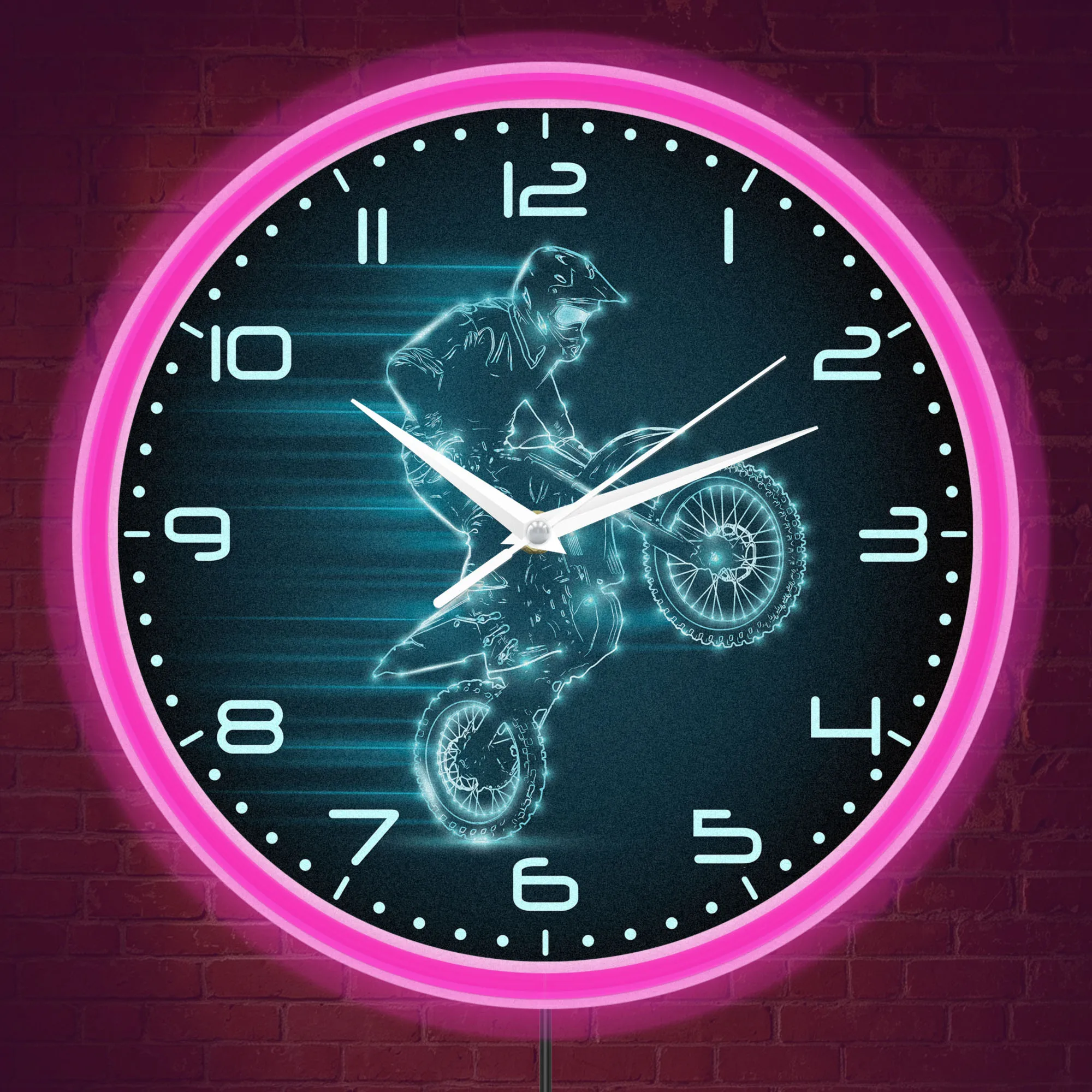 Personalized Name Dirt Bike Rider Wall Clock With Neon Rim Light Custom Motocross Offroad Motorcycle LED Light Up Wall Clock