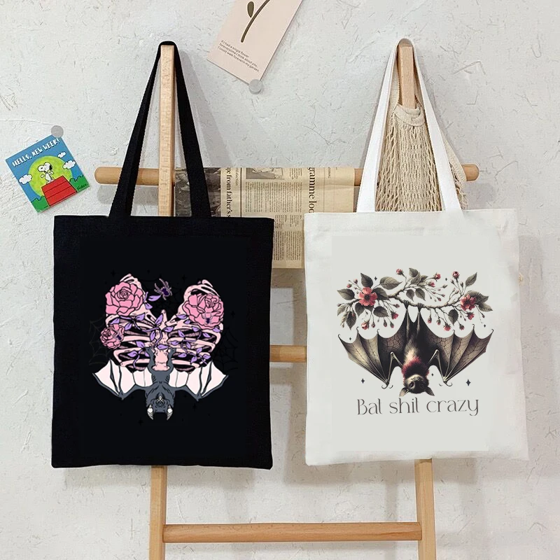 

Vintage Skeleton Bat Hand Bag Women Tote Canvas Bag Gothic Flower Bat Harajuku Hip Hop Shopping Bag Teen Animal Shoulder Handbag