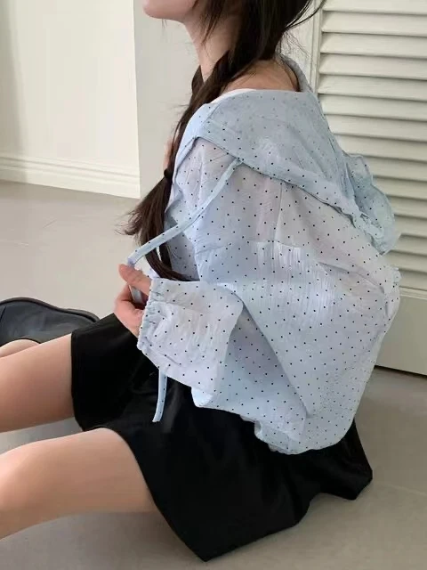 Summer 2026 Dongda Gate Polka Dot Flounce Hem Hooded Shirt Women's Loose Fit Long Sleeve French Style Anti-Aging Outerwear